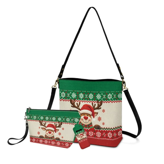 ZUXONGSY Christmas Reindeer Snowflake Print Top-Handle Handbags with Fashion Cosmetic Bags and Lip Balm Holder for Women Shoulder Bag Set with Travel Toiletry Bag Lipstick Holder