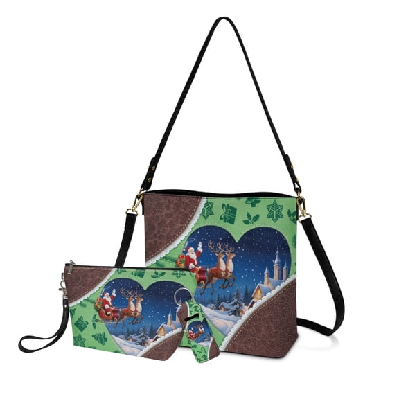 ZUXONGSY Christmas Santa Reindeer Print Top-Handle Handbags with Waterproof Makeup Bag and Chapstick Pouch for Women Crossbody Handbag Set with Travel Toiletry Bag Lip Balm Gloss Holder