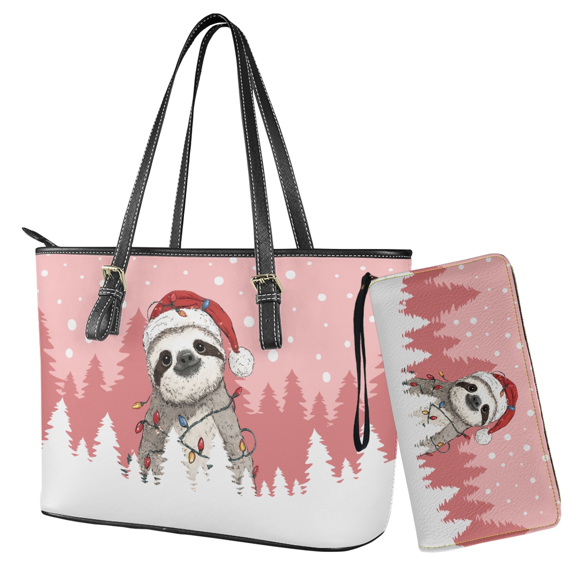 ZUXONGSY Christmas Sloth Print Purse and Handbags Set for Women Leather Top Handle Shoulder Bag with Matching Wallet Satchel Purse Set Hobo Bag Clutch Slim Wallet for Shopping