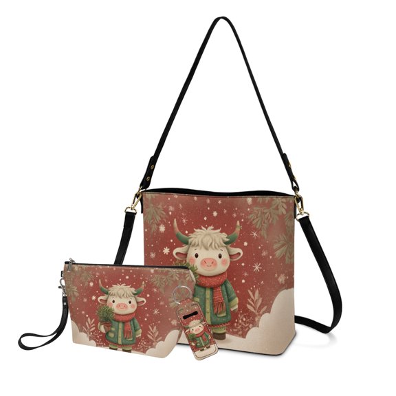 ZUXONGSY Christmas Snowflake Cow Print Women's 3-Piece Purse Set with Bucket Bag, Large Makeup Cosmetics Bag & Clip On Lipstick Holder, Leather Gift for Mom, Wife