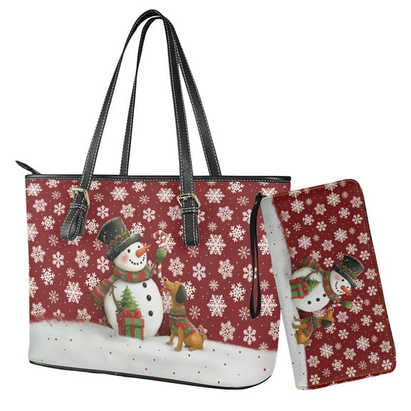 ZUXONGSY Christmas Snowman Dog Print PU Leather Hobo Shoulder Bag for Women Lightweight Purse and Wallet Set with Zipper Handbag with Matching Wallet for Shopping Work