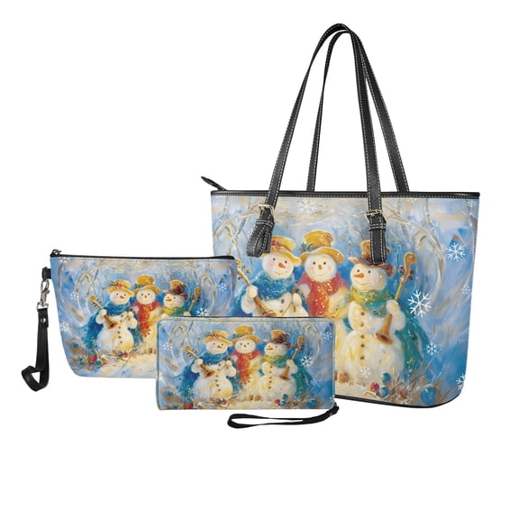 ZUXONGSY Christmas Snowman Print Handbag with Multifunctional Cosmetic Bags Purse for Women PU Leather Top Handle Satchel Set with Lightweight Makeup Pouch Card Holder for Travel Shopping