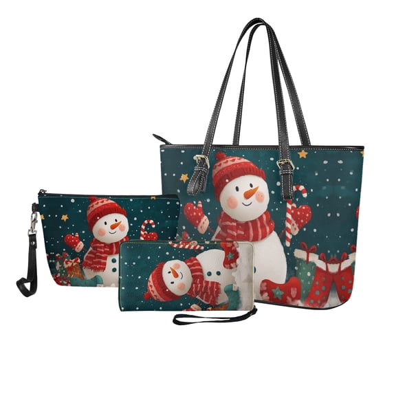 ZUXONGSY Christmas Snowman Snowflake Print Handbag with Multifunctional Cosmetic Bags Purse for Women PU Leather Top Handle Satchel Set with Lightweight Makeup Pouch Card Holder for Business