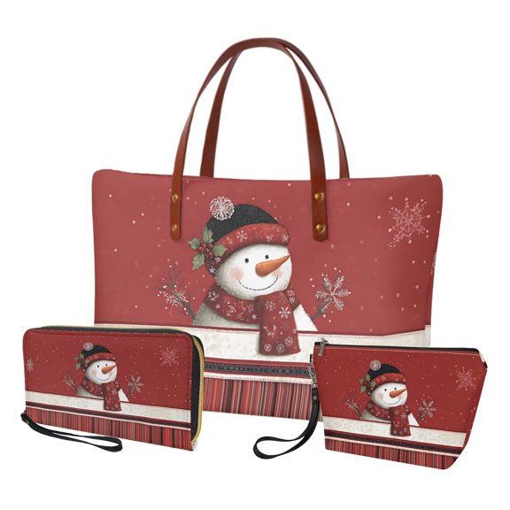 ZUXONGSY Christmas Snowman Snowflake Print Tote Bag with Fashion Makeup Bag Wallet for Women PU Leather Top Handle Satchel Set with Large Capacity Travel Toiletry Bag Cash Wallet for Workout Dating