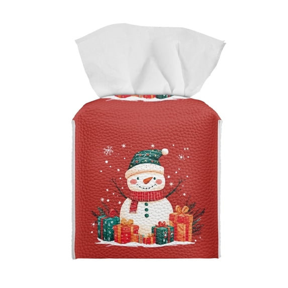 ZUXONGSY Christmas Snowman Square Tissue Box Cover 2 Pieces PU Leather Tissue Box Covers Decorative Holder Organizer Portable Facial Tissue Case Christmas Home Decoration