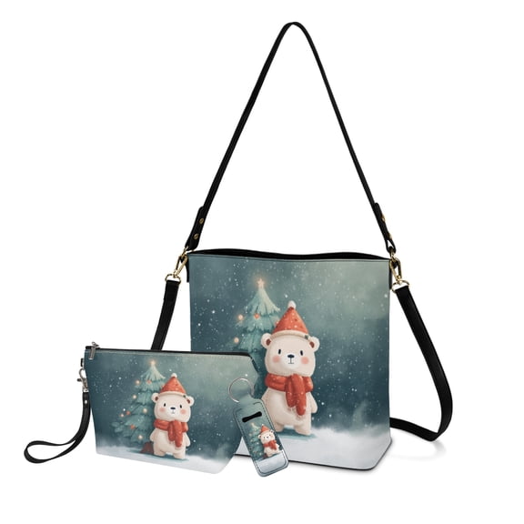 ZUXONGSY Christmas Tree Bear Print 3-in-1 Lightweight Purse Organizer Shoulder Bag with Handle, Large Makeup Pouch with Zip, and Lip Balm Gloss Holder Keychain