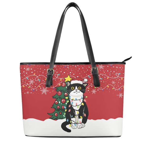 ZUXONGSY Christmas Tree Black Cat Print Top Handle Bag for Women Fashion Work Bag Lightweight Top Handle Satchel with Zippered for Daily Use Work