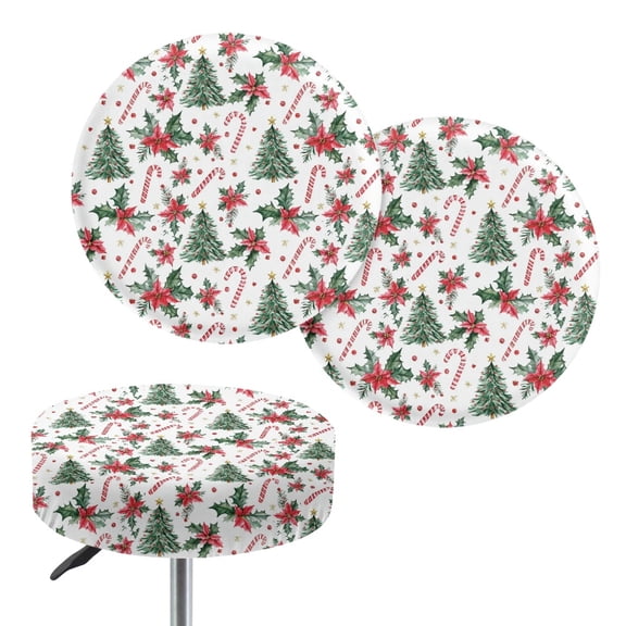 ZUXONGSY Christmas Tree Holly Round Stool Cover 2 Pack 14"-16" Circle Bar Stool Covers Size L Polyester Round Stool Slipcover Removable Christmas Round Bar Stool Cover