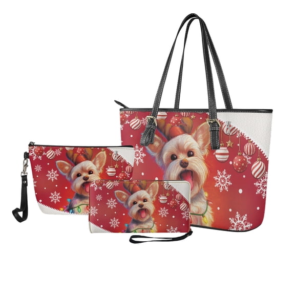 ZUXONGSY Christmas Yorkie Snowflake Print Top Handle Bag with Portable Cosmetic Bags Purse for Women PU Top Handle Satchel Set with Waterproof Travel Toiletry Bag Credit Card Holder Wallet