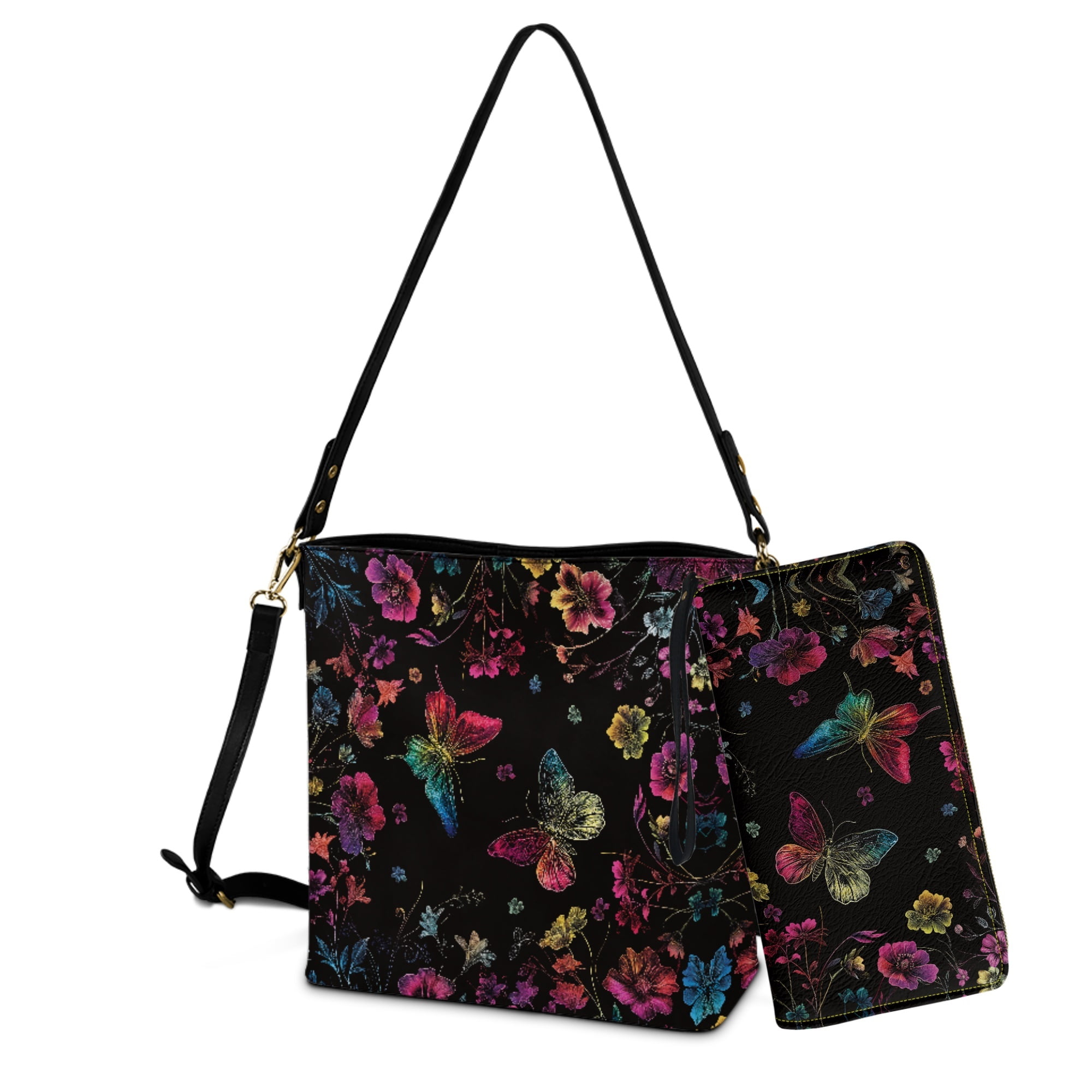 ZUXONGSY Colorful Butterfly Daisy Flower Print Bucket Purse and Wallet Set for Women Trendy Leather Crossbody Handbag with Wrist Wallet Casual Shoulder Bag with Leather Wallet for Working