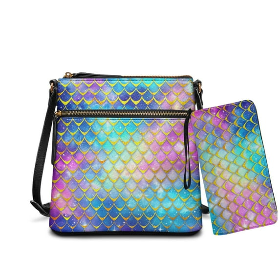 ZUXONGSY Colorful Mermaid Scale Print Women's Leather Crossbody Hobo Bag & Wallet Set, Medium Size Messenger Purse with Adjustable Shoulder Strap for Daily Use