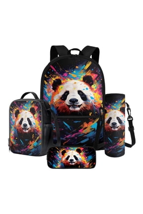 Colorful Paint Splatter Panda Print Fashion Backpack for School Girls and Boys with Lunch Box 4 in 1 Set Kids Bookbag Lightweight School Bag Set Back Pack Back to School Gifts