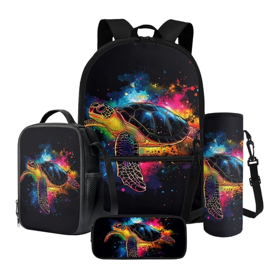ZUXONGSY Colorful Splatter Paint Turtles Print Boys Girls School Bag Set 4 Pcs Backpack with Lunch Box Pencil Case and Water Bottle Holder, Middle School Student Schoolbag Bookbag Set