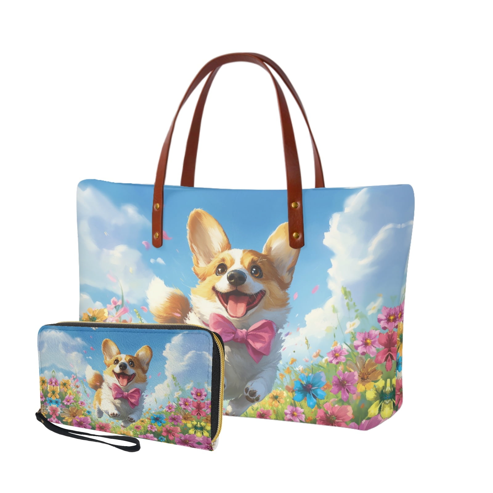 ZUXONGSY Corgi Daisy Flower Print Handbag with Matching Wallet for Women Waterproof Top Handle Bag Shoulder Bag Top Handle Satchel Lightweight Money Organizers for Shopping Wor