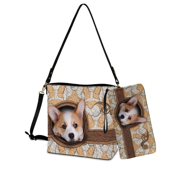 ZUXONGSY Corgi Print Bucket Purse and Wallet Set for Women Large Crossbody Handbag with Leather Wallet Waterproof Bucket Bag Tote Purse Set for Dating