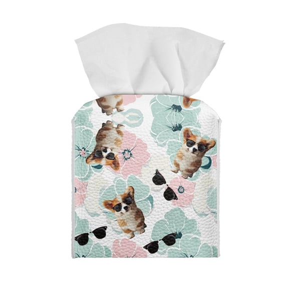 ZUXONGSY Corgi Square Tissue Box Covers Flower Pack of 2 Modern PU Leather Tissue Holder Decorative Holder Organizer Removable Tissue Box Cover for Children Birthday Gifts