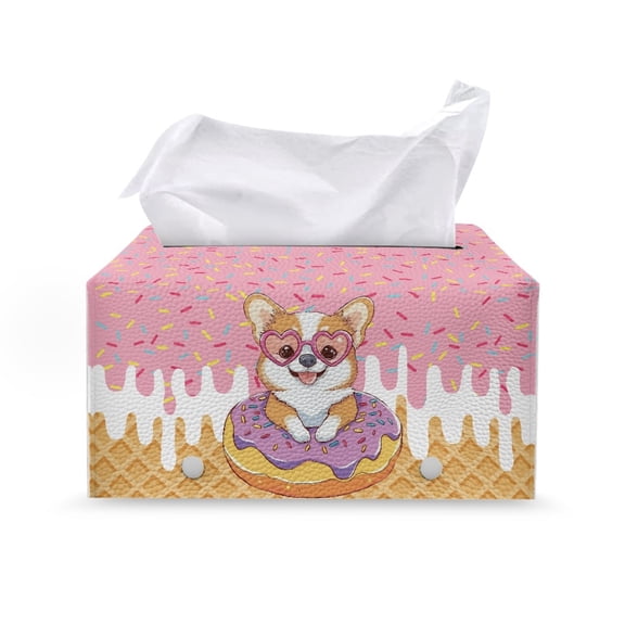 ZUXONGSY Corgi Waffle Cream Tissue Box Cover Modern PU Leather Tissue Box Holder with Snap Button Stylish Tissue Box Cover Rectangular Tissue Box Home Accessories Decoration