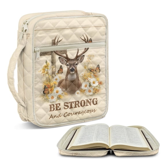 ZUXONGSY Cross Deer Butterfly Print Bible Cover for Women Portable Bible Be Strong And Courageous Carrier Sturdy Christian Gift with Pen Holder ChuZU Bag for Daily Commuter