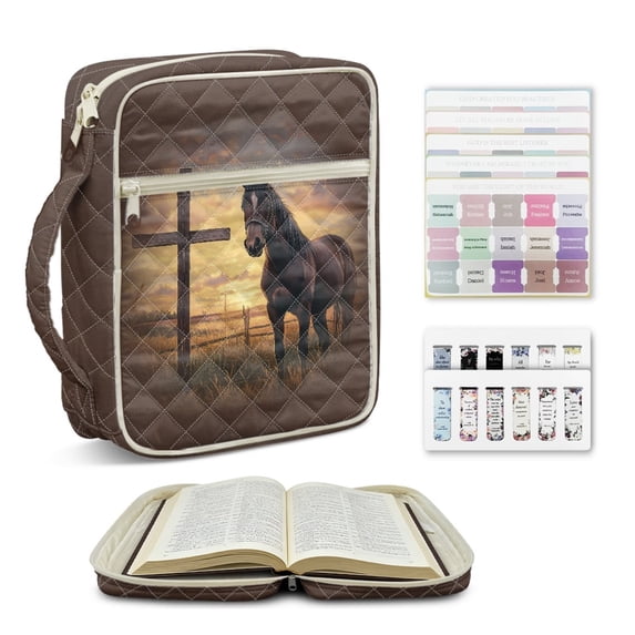ZUXONGSY Cross Horse Sunset Print Bible Cover for Women Quilted Bible Carrying Case Large ChuZU Bag with Bookmarks & Pen Slots Christian Gift for Study, ChuZU