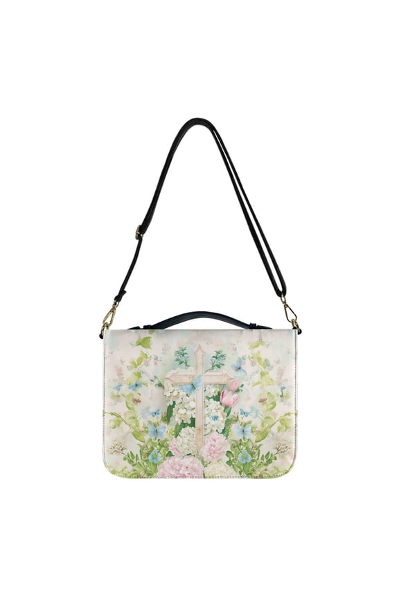 Cross Hydrangea Butterfly Print Bible Cover for Women Multifunctional PU Leather Bible Cover Bag Bible Carrying Case with Shoulder Strap Waterproof Christian Bible Gift, M
