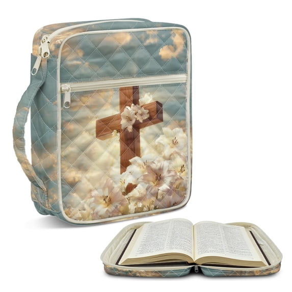 ZUXONGSY Cross Lily Print Multi-Pocket Bible Bag for Women – Scripture Carrier Portable Travel Organizer for ChuZU, Study, Work, Essentials