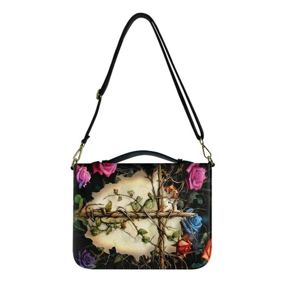 ZUXONGSY Cross Rose Print Bible Cover for Men Women PU Leather Bible Case with Shoulder Strap Portable Bible Carrier with Bookmark Belt Bible Tote Bag for Book Lover, L