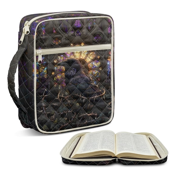 ZUXONGSY Crow Stained Glass Print Bible Cover Case for Women Portable Bible Carrier Large Handbag with Pen Slots Scripture Bag for Study
