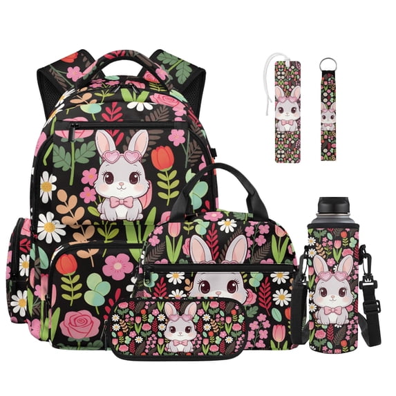 ZUXONGSY Cute Floral Bunny Print 6 in 1 Back to School Backpack Set with Insulated Lunch Box, Pencil Case, Water Bottle Holder, Keychain & Bookmark, Student Bookbag for Boys Girls Middle School
