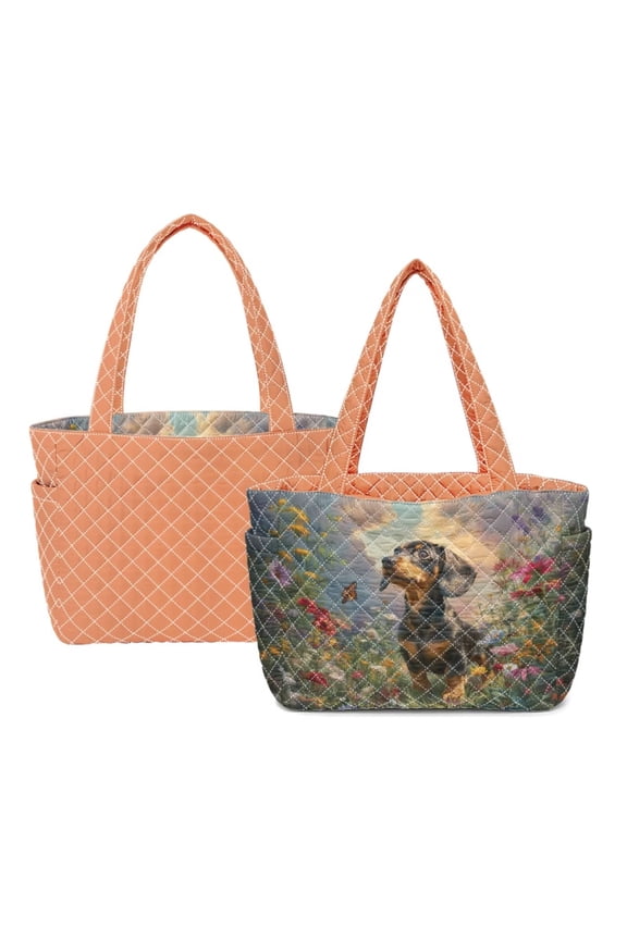 Dachshund Daisy Butterfly Print Women 's Quilted Large Capacity Handbag, Reversible Tote with Side Pockets, Lightweight Top Handle Satchel Shoulder Bag for Travel, Work & Daily, Orange