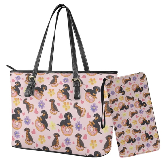 ZUXONGSY Dachshund Daisy Flower Donut Print Women's Leather Tote Bag and Wallet Set Lightweight Top Handle Satchel Purse with Matching Clutch for Shopping Work