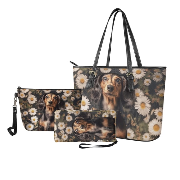 ZUXONGSY Dachshund Daisy Flower Print Top Handle Bag with Multifunctional Cosmetic Bags Purse for Women PU Leather Top Handle Satchel Set with Lightweight Travel Toiletry Bag Card Holder for Daily