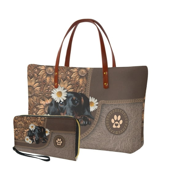 ZUXONGSY Dachshund Daisy Sunflower Print 2 Pack Purses and Handbags for Women Fashion Top Handle Tote Bag Satchel Handbags with PU Lightweight Credit Card Holder Wallet for Shopping, Hiking