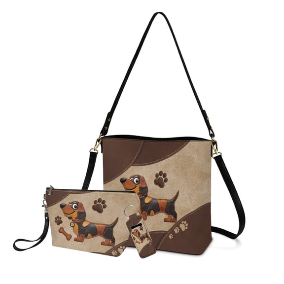 ZUXONGSY Dachshund Dog Paw Print Bucket Bag with Large Capacity Makeup Bag and Keychain Holder for Women Crossbody Handbag Set with Cosmetic Pouch Purse Chapstick Pouch