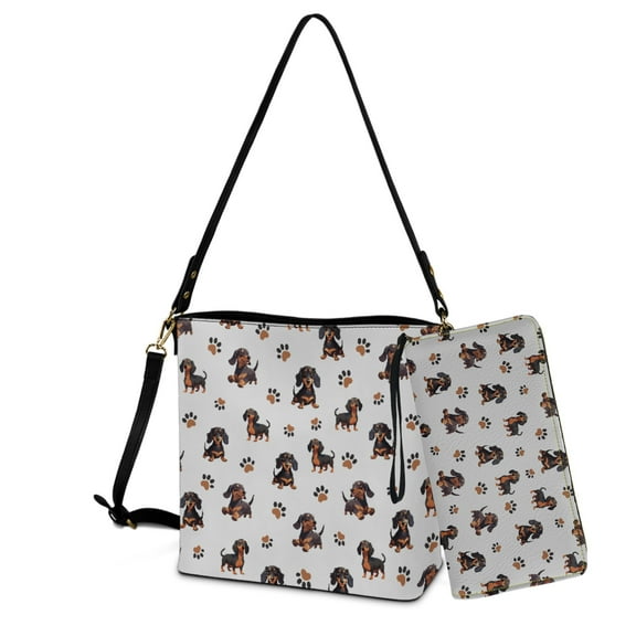 ZUXONGSY Dachshund Dog Paw Print Bucket Bag Tote Purse Set for Women Trendy Leather Crossbody Handbag with Wrist Wallet Lightweight Top-Handle Handbags with Purse for Working