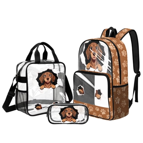ZUXONGSY Dachshund Dog Print 17" Clear Backpack for School Girls & Boys – 3Pcs Set with Lunch Box & Pencil Case, Heavy Duty PVC for Preschool, Kindergarten