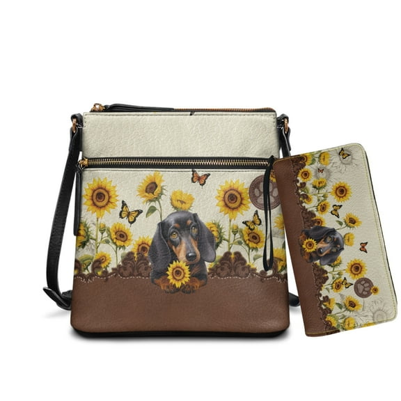 ZUXONGSY Dachshund Sunflower Butterfly Print Women's PU Leather Hobo Bag and Matching Wallet Set, Multi-Pocket Shoulder Purse with Adjustable Strap for Everyday Use