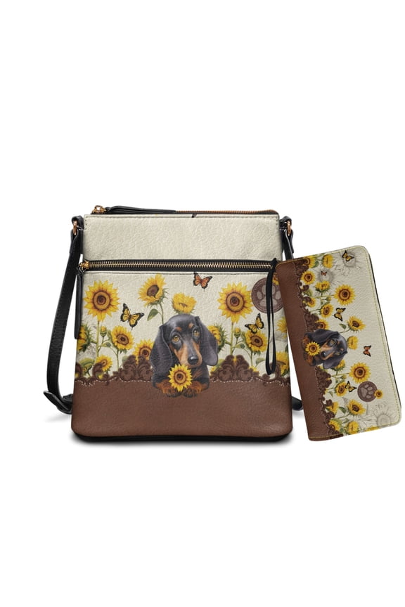 Dachshund Sunflower Butterfly Print Women's PU Leather Hobo Bag and Matching Wallet Set, Multi-Pocket Shoulder Purse with Adjustable Strap for Everyday Use