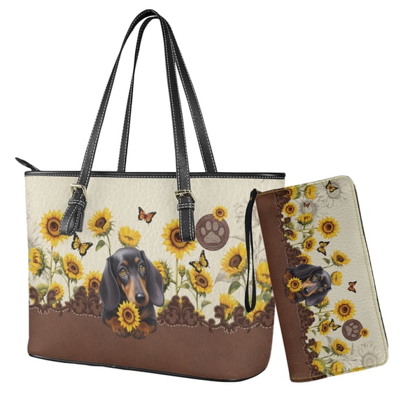 ZUXONGSY Dachshund Sunflower Butterfly Print Womens Wallet and Purse Set Tote Bag Hobo Shoulder Handbag with Matching Purse Pu Leather Top Handle Handbag