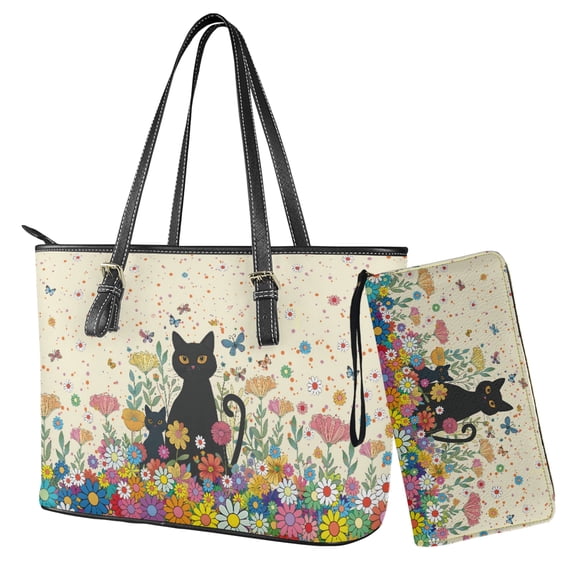 ZUXONGSY Daisy Cat Butterfly Print 2 PCS Hobo Handbag Money Organizers for Women Large Capacity Purse and Wallet Set Lightweight Shoulder Bag for Shopping Work