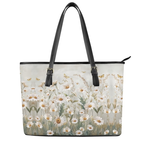 ZUXONGSY Daisy Flower Butterfly Print Tote Bag for Women PU Leather Work Bag Lightweight Top Handle Satchel with Zippered for Workout Dating