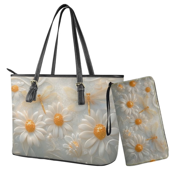 ZUXONGSY Daisy Flower Dragonfly Print Leather Satchel Bag for Women with Matching Wallet Set Waterproof Office Tote for Shopping Work