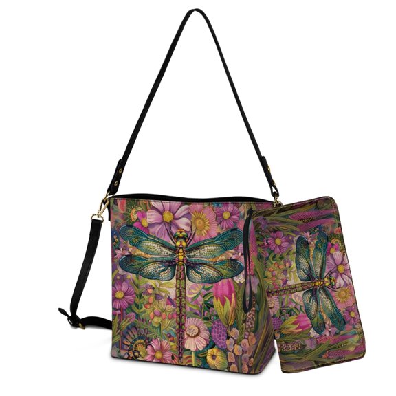 ZUXONGSY Daisy Flower Dragonfly Print Shoulder Bag with Leather Wallet for Women Large 2 Pcs Bucket Purse Set Trendy Bucket Crossbody Bag Set for Workout