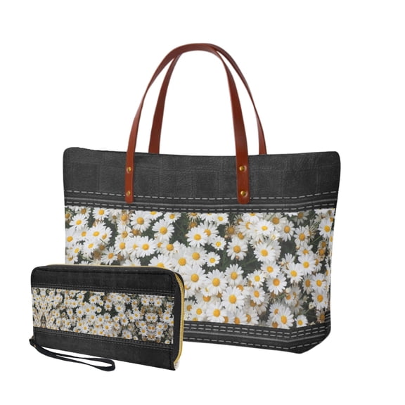 ZUXONGSY Daisy Flower Print 2 Pieces Tote Bag and Wallet Set for Women Multifunctional Top Handle Satchel Satchel Handbags Shoulder Bag with Credit Card Holder Wallet for Work Shopping
