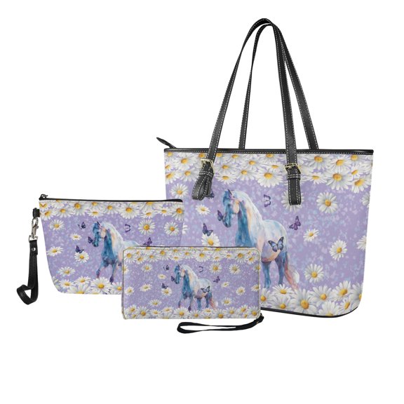 ZUXONGSY Daisy Horse Butterfly Print Handbag with Waterproof Cosmetic Bags Purse for Women PU Leather Top Handle Satchel Set with Portable Makeup Pouch Credit Card Holder Wallet for Travel Shopping