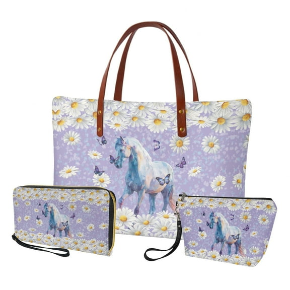 ZUXONGSY Daisy Horse Butterfly Print Handbag with Waterproof Cosmetic Bags Purse for Women PU Leather Top Handle Satchel Set with Portable Makeup Pouch Credit Card Holder Wallet for Travel Shopping