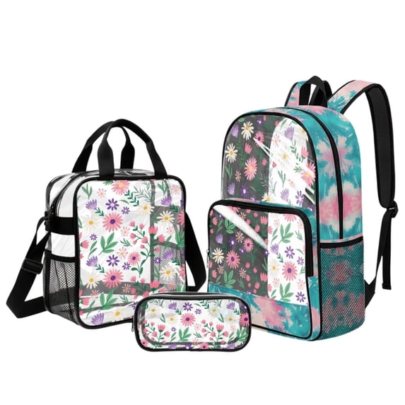 ZUXONGSY Daisy Print Large 17" Clear Backpack for Boys Girls Teens Kids – See Through Bookbag Set with Lunch Box and Pencil Pouch, 3Pcs Transparent Backpack Back to School Gifts