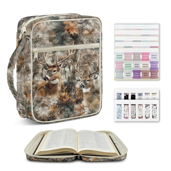 ZUXONGSY Deer Forest Print Quilted Bible Cover for Women - Multifunctional Scripture Bag with Zippered Pocket & Bookmarks, Stylish Book Tote for ChuZU and Bible Study