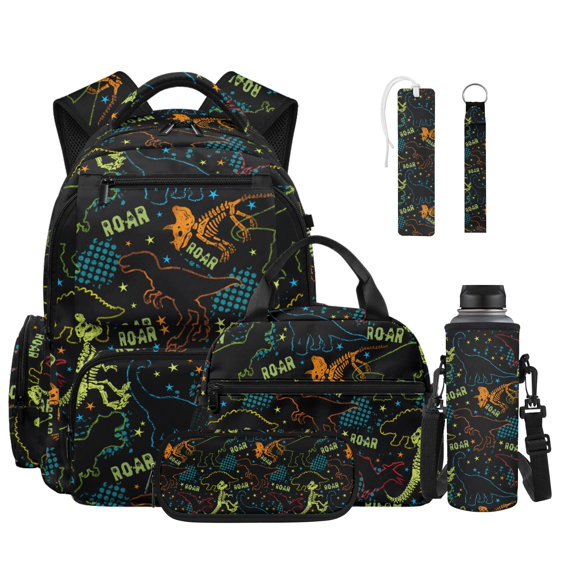ZUXONGSY Dinosaur Print 6 in 1 Backpack Set for Boys Grils, Large Capacity School Backpack with Lunch Bag, Pencil Case, Water Bottle Holder, Keychain & Bookmark, Lightweight Bookbag for School