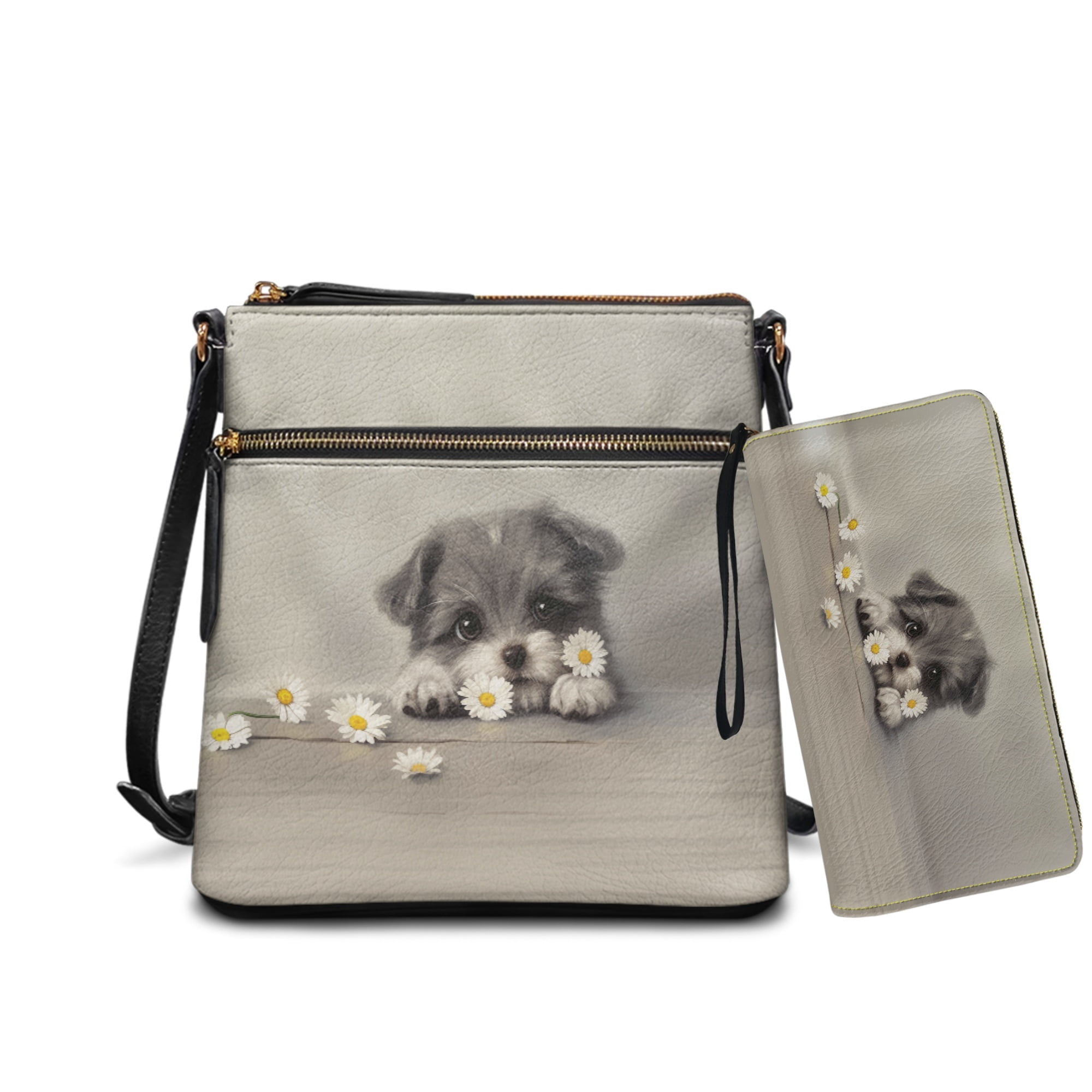 ZUXONGSY Dog Daisy Flower Print Women's PU Leather Crossbody Messenger Bag & Wallet Set, Multi-Pocket Satchel with Adjustable Shoulder Strap for Shopping Work Business