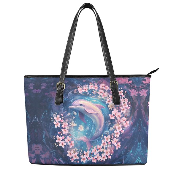 ZUXONGSY Dolphin Cherry Blossom Print Handbag for Women Fashion Top Handle Satchel Multifunctional Work Bag with Zippered for Workout Dating